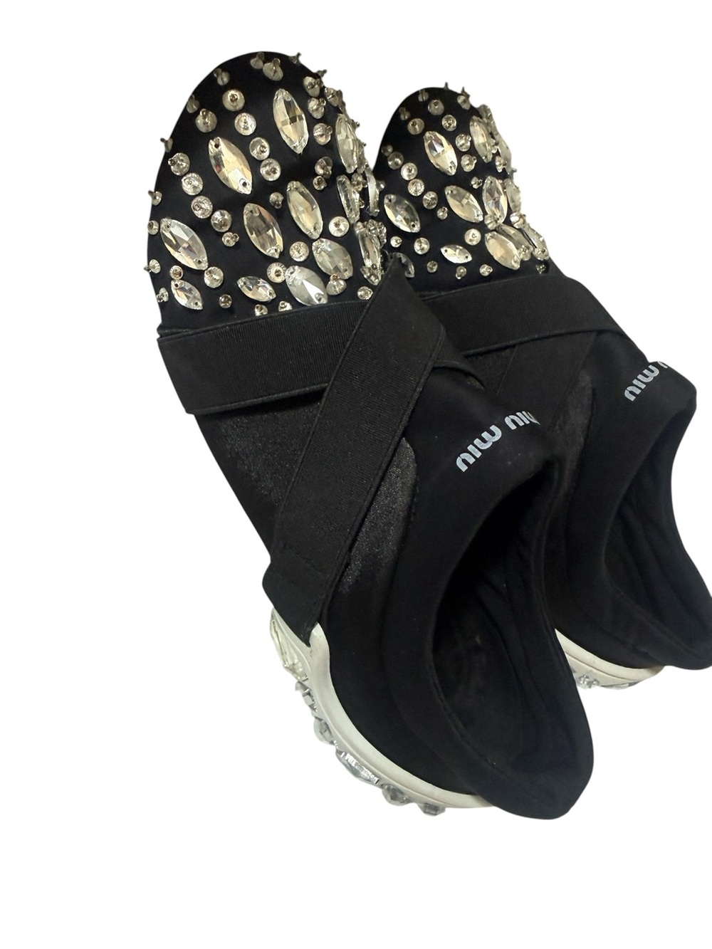 Black Crystal-Embellished Cross-Strap Slip-Ons - Picture 8 of 15